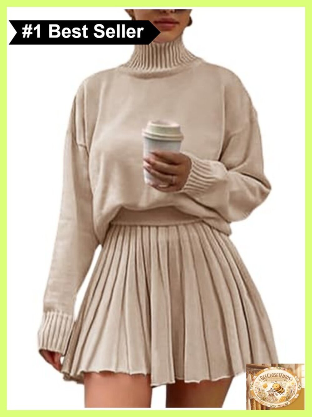 Turtleneck Sweater and Pleated Mini Skirt Two Piece Set Long Sleeve